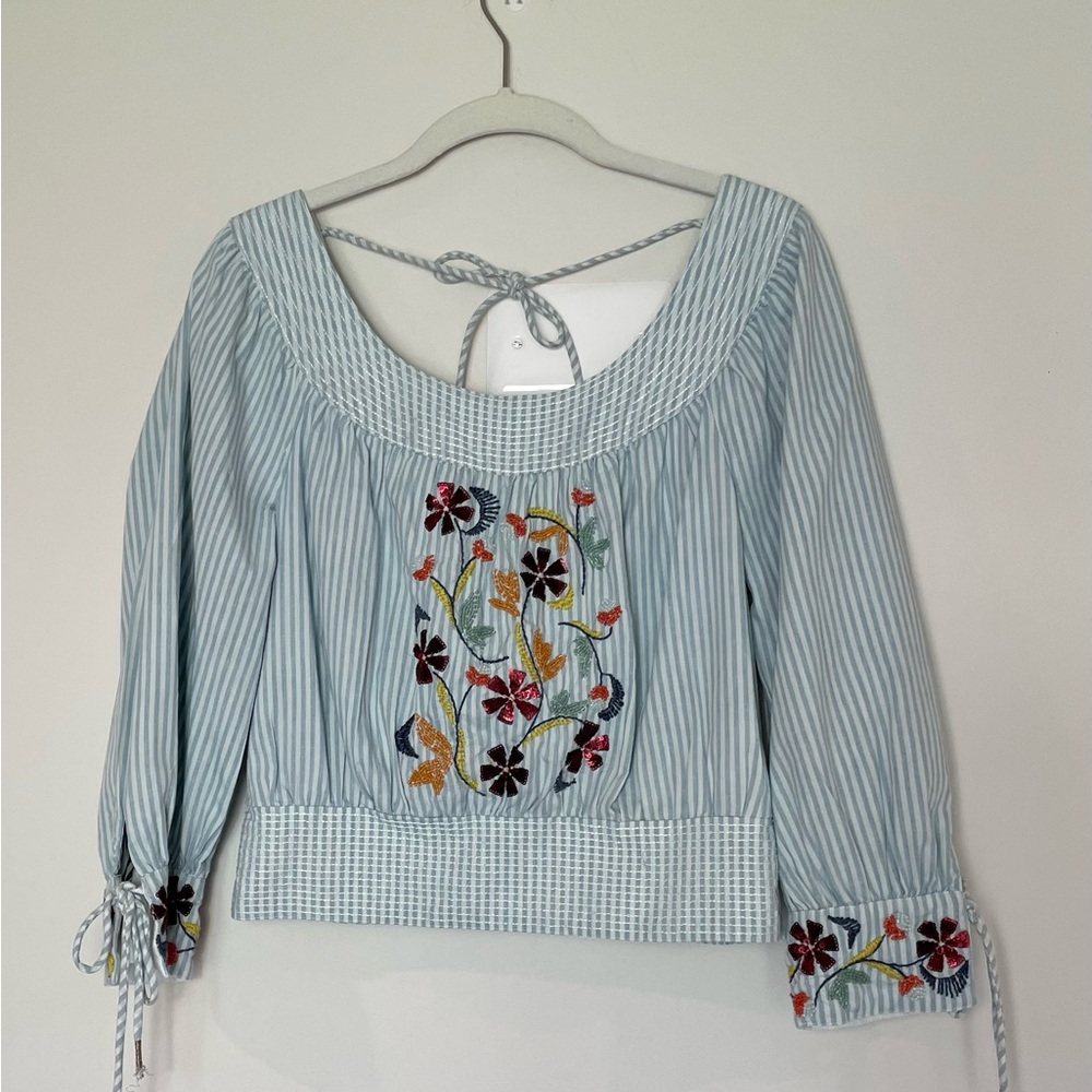 Anthropologie Beaded and Embellished Puff-Sleeved Striped Blousee